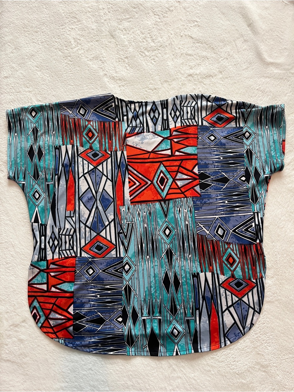 Geometric Print Short Sleeve Top in Teal & Red - Picture 2 of 2